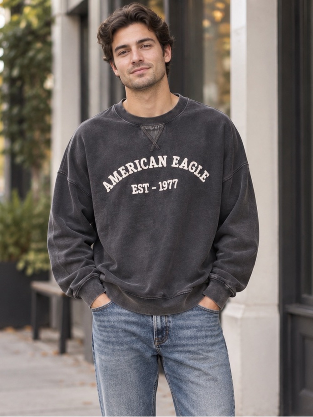 American Eagle Outfitters Charcoal Crewneck Sweatshirt with Blue Jeans